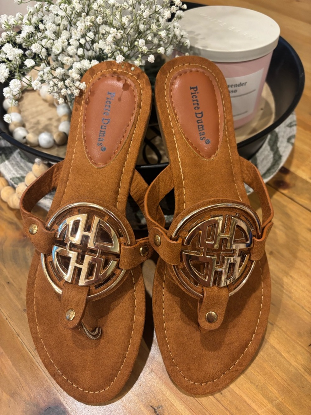 Pierre Dumas Brown Suede Thong Sandals with Gold Medallion
